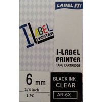 Labeller tape Casio  6mm BLACK on Clear 8 metre Casio XR6X - each 