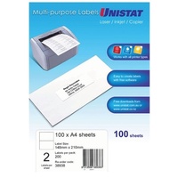 Labels  2up Copier Laser Inkjet Box 100 Unistat 38938 148x210mm