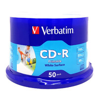 CD-R Recordable (50) Inkjet Printable White 52X Speed Verbatim Spindle 50 #41908