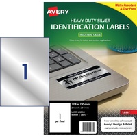 Labels  1up Laser L6013 Avery 959204 Silver box 20 295x208mm Laser Heavy Duty Extra Strong Permanent