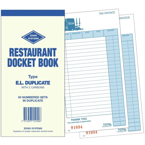 Restaurant Docket Book Zions Duplicate ELD Pack 25