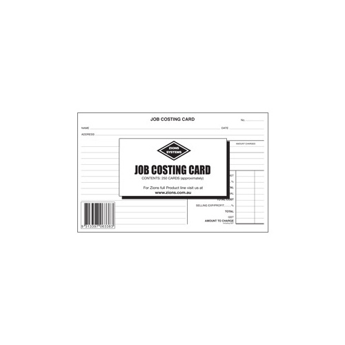 8x5 Job Costing Card Zions JCC - pack 250 The cards allow for detailed recording of labour and materials #Z-JCC