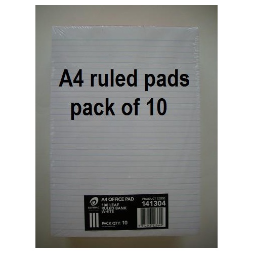 Pads Office  A4 Ruled 1 Side Bank 100 leaf pack 10 Olympic 141304  White 100851262