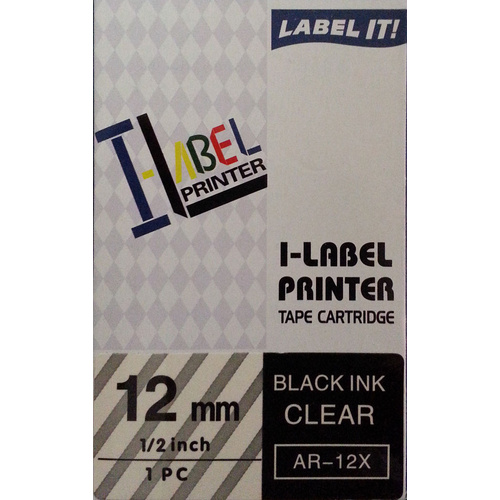Labeller tape Casio 12mm BLACK on Clear 8 metre Casio XR12XW - each 