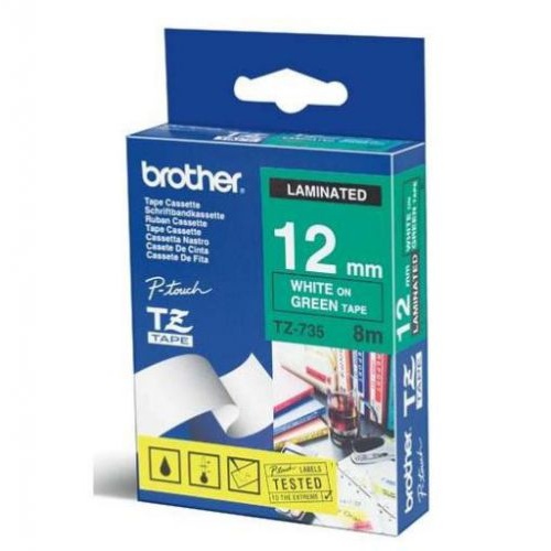 Brother TZ735 12mm X 8m White on Green TZ-735 P-Touch - each 
