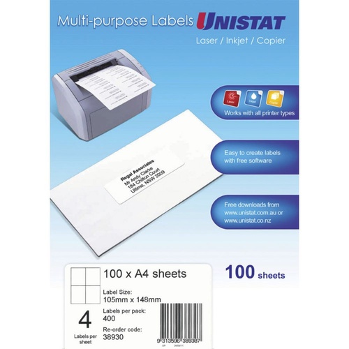Labels  4up Copier Laser Inkjet box 100 Unistat 38930 105x148mm 
