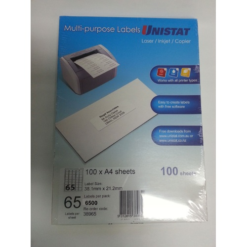 Labels 65up Copier Laser Inkjet box 100 Unistat 38965 38x21mm 