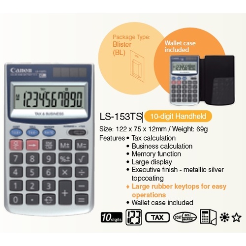 Calculator 10 Digit Canon LS153TS Dual Power LS-153TS handheld features such as tax and business functions.
