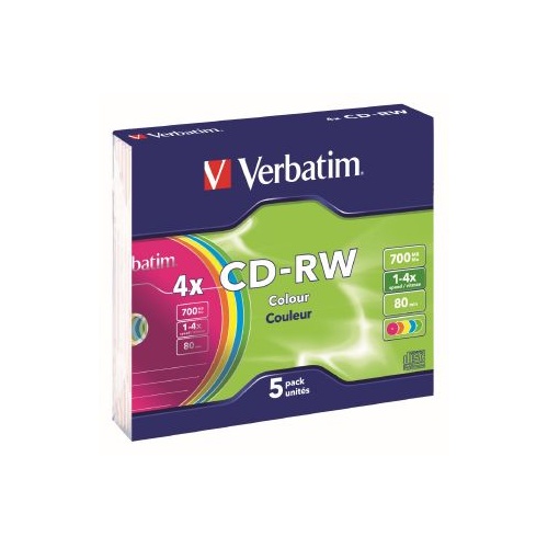 CD-RW Rewritable Verbatim Datalife Plus Colour Disc Slim 4X Speed 700MB 43133 Pack 5 