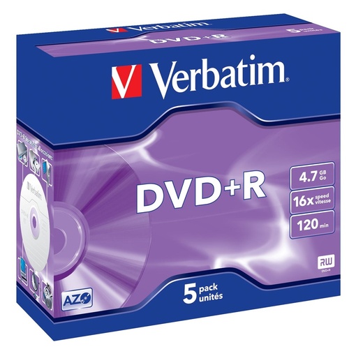 DVD+R Plus Recordable Verbatim 4.7GB 16X Speed 95049 Pack 5
