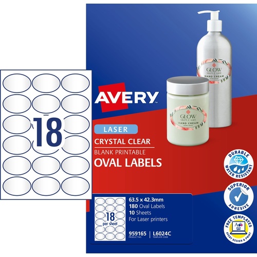 Labels Oval 63x42mm Clear Avery 959165 L6024C 18up labels per sheet on 10 sheets