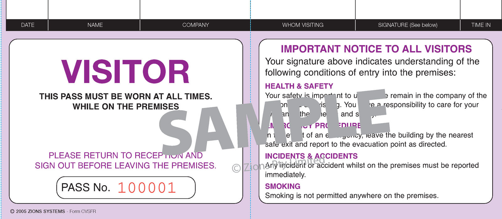 155.50 Fire Register Kit Corporate Visitors Pass Zions CVSFRK CVSFRK,
