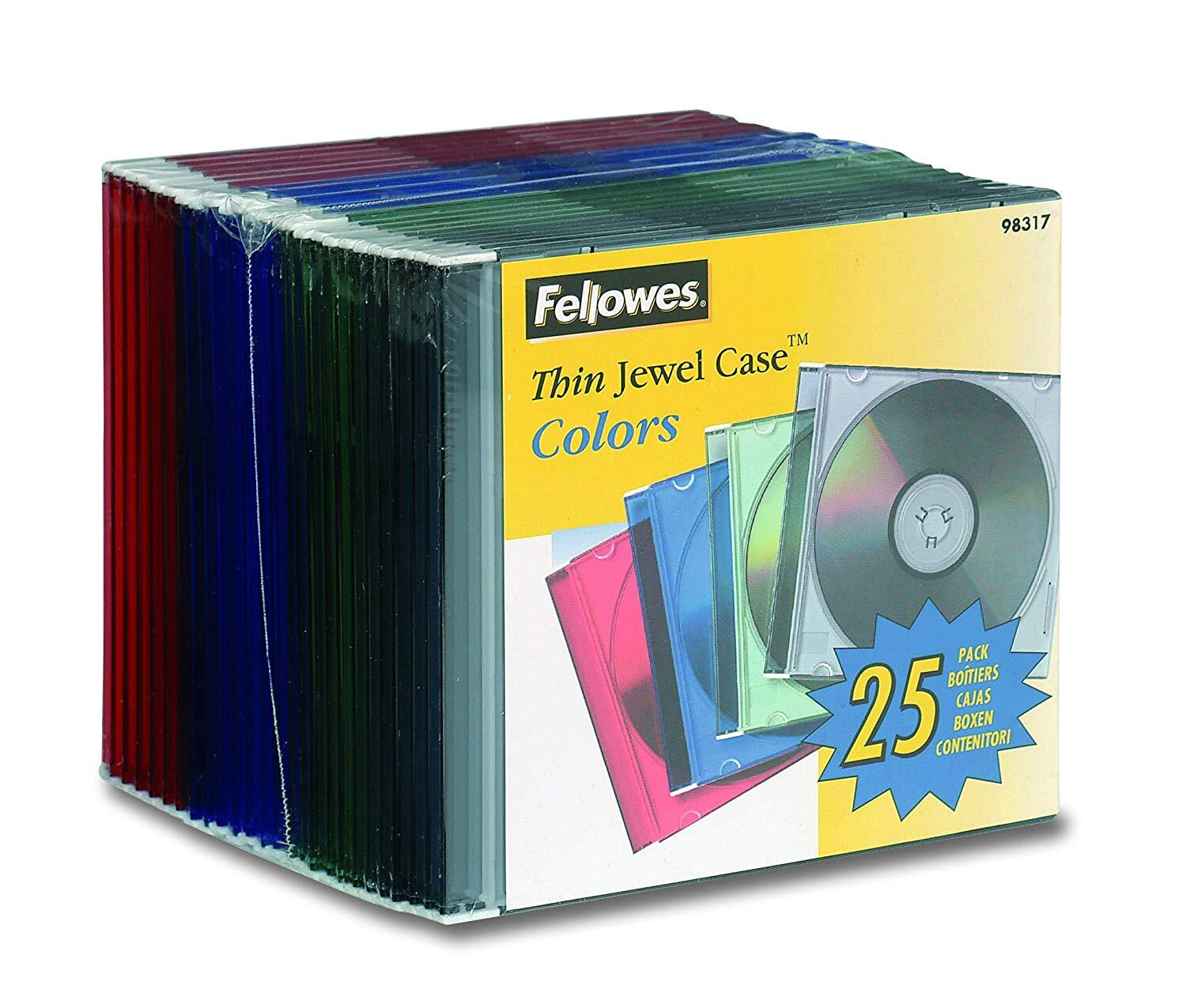 $18.20 Cd Jewel Case Slim Assorted Colours Fellowes 98317 pack 25