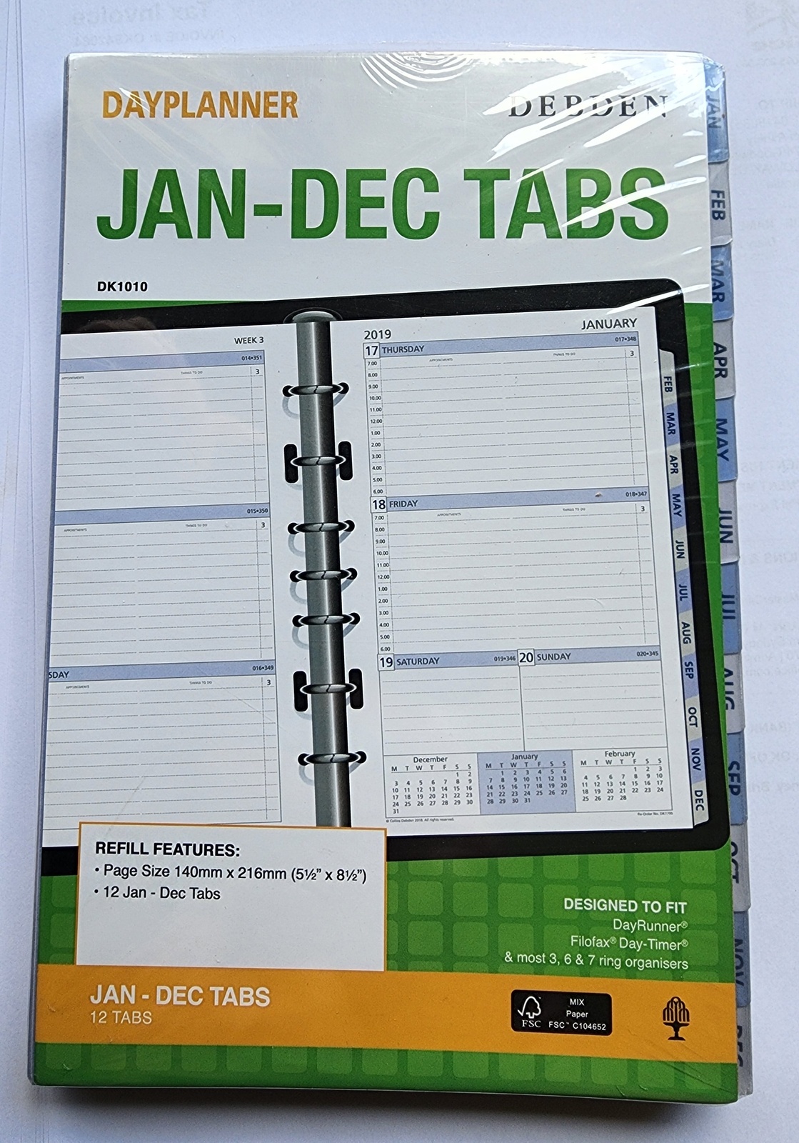 8.97 Dayplanner DK1010 Refills Jan To Dec Tabs 7 Ring Page Size