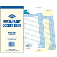 Restaurant Docket Books Zions 22D Carbonless Duplicate 50 sets per book 22 entries per docket 200x95mm