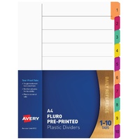 Dividers Numerical A4 1-10 Avery 85723 Mylar White Printed Fluoro Tabs