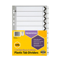 Dividers A4 Marbig Manilla Board 1 to 10 Reinforced Tab 35117F Black/White