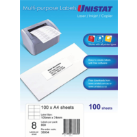 Labels  8up Copier Laser Inkjet box 100 Unistat 38934 105x74mm 