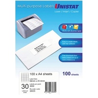 Labels 30up Copier Laser Inkjet box 100 Unistat 38935 64x25.4mm 