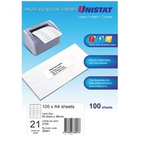 Labels 21up Copier Laser Inkjet box 100 Unistat 38941  63x38mm 