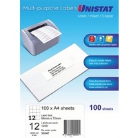 Labels 12up Copier Laser Inkjet Box 100  Unistat 38947 68x70mm  