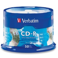 CD-R Recordable (50) Inkjet Printable Silver Surface 52X Speed Verbatim 95005 Spindle 50