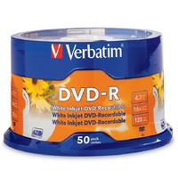 DVD-R 4.7GB speed White InkJet Printable Verbatim 95137 spindle 50 hub branded