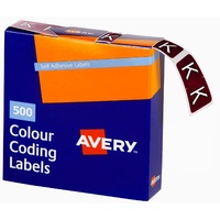 Labels Side Tab Letter K box 500 Avery 43211 25x38mm Colour Coding