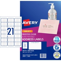Avery 936007 Inkjet Labels 21up 525 LABELS J8560 Frosted Clear Permanent 38.1 x 63.5mm