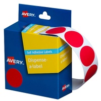 Label Avery Dots 24mm Red 937243 Roll 500 Removable in Dispenser pack