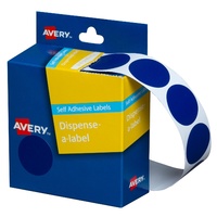 Label Avery Dots 24mm Blue 937244 Roll 500 Removable in Dispenser pack