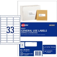 Labels 33up box 3300 Avery 938200 64x24.3mm White General Use Avery Labels inkjet copier laser