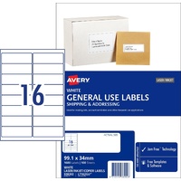 Labels 16up box 1600 Avery 938202 99.1x34mm White General Use, Laser Inkjet Copier