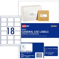 Labels 18up Box 1800 Avery 938210 63.5x46.6mm White General Use Avery Labels inkjet copier laser