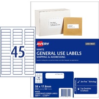 Labels 45up box 4500 Avery 938212 58x17.8mm White General Use Avery Labels inkjet copier laser