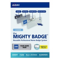 Name Badge Kit The Mighty Badge 76.2 x 25.4 Labels, 10 badges Avery 959097 Suitable for laser printers and copiers.