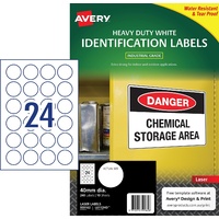 Labels Round 40mm White Avery 959162 L6112HD Heavy Duty 10 sheets pack 240 24up 