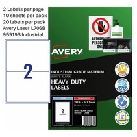 Labels  2up Laser L7068 White Heavy Duty 959193 10 sheets, 20 labels 199.6x143.5mm Extra Strong Permanent