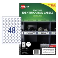 Labels Round 30mm White Avery 959206 Laser Removable L4716REV Heavy Duty 20 sheets pack 960 48up