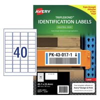 Labels 40up Laser White Avery 959220 box 10 sheets 400 White labels Triple Bond L6140 Tripe Strong Permanent 45.7x25.4mm