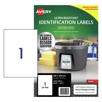 Labels  1up Laser L7917 Ultra-Resistant Chemical Grade Labels Avery 959246 10 sheet pack 208 x 295 mm, Laser Heavy Duty Extra Strong Permanent