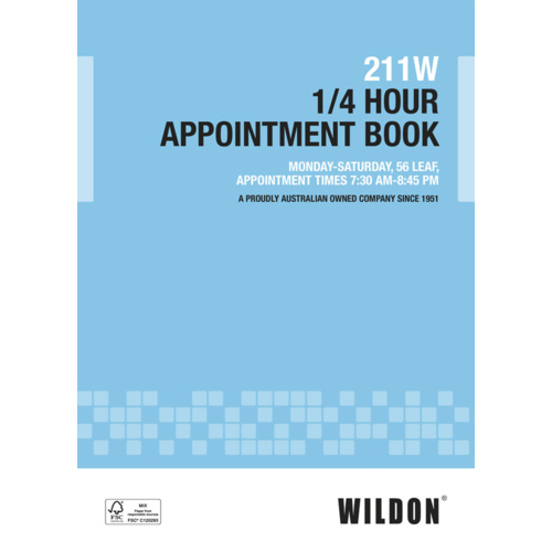 Appointment Book Wildon A4 1/4 Hour 211W 15 minute WIL211 soft cover