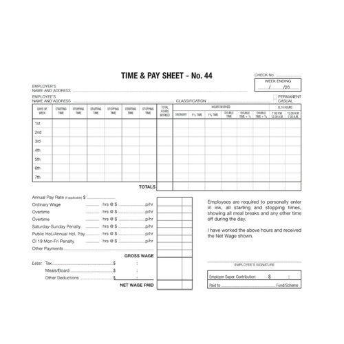 Time & Pay Sheet No 44 Zions 441 pack 100 175x215mm approximately 100