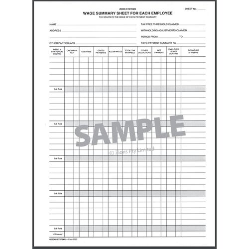Wage Summary Sheets Zions 302C pack 25 A4 sheets