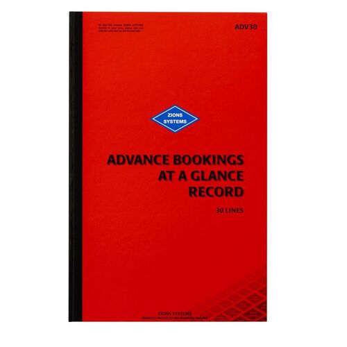 Advance Bookings at a Glance Record Book 30 line Zions #ADV30 450x290mm