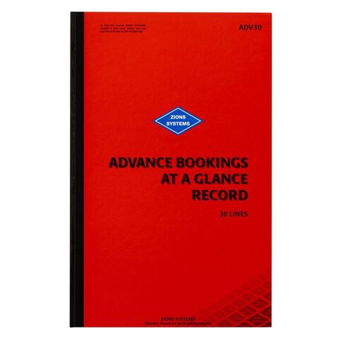 Advance Bookings at a Glance Record Book 30 line Zions ADV30 450x290mm