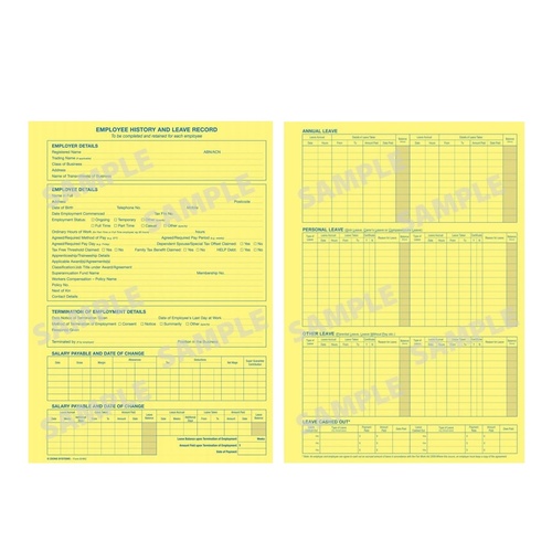 Employee History Leave Record Card EHR2 A4  pack 20 A4 Zions