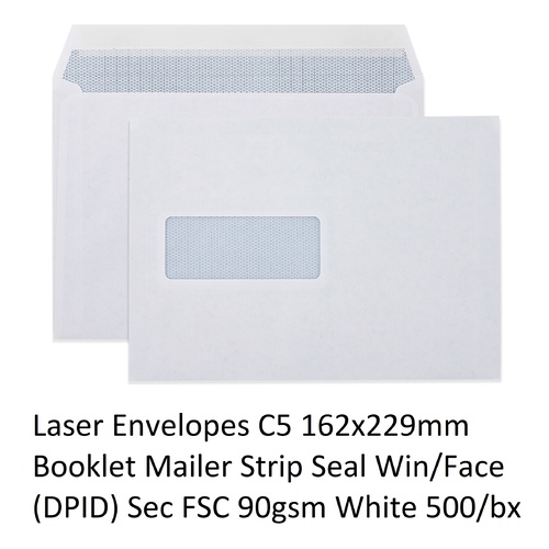 Envelope 162x229 C5 [WF8] Laser [PnS] [Sec] bx 500 Window 90gsm strip seal laser secretive Cumberland 6063411 