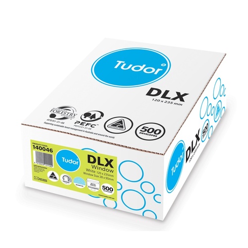 Envelope 120x235 DLX [WF1] [PrS] [Sec] box 500 Window 1 Tudor 140046 white Secretive Press Self Seal