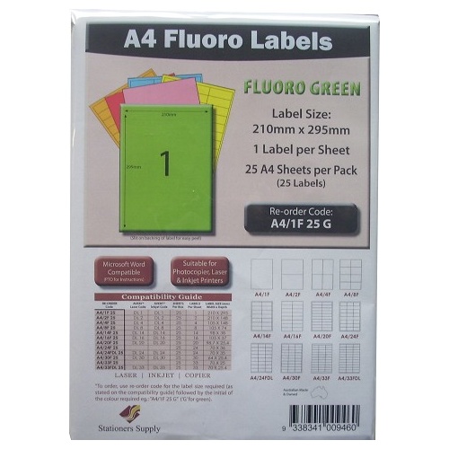 Labels  1up Laser Inkjet Copier Fluoro Green 1 Per Sheet Stationers Supply Pack 25